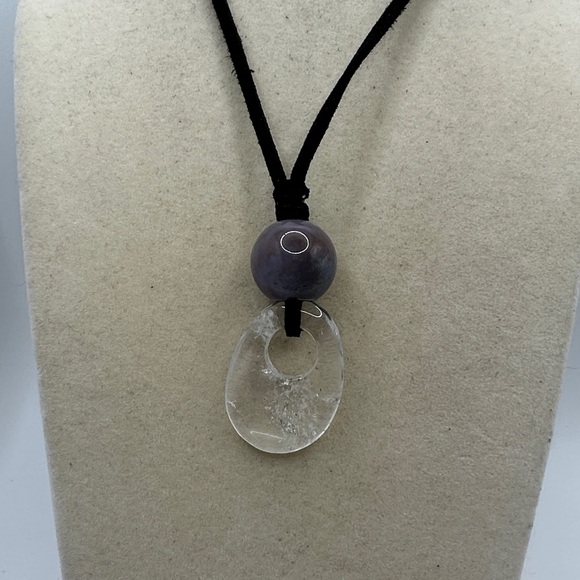 Simple Handmade Clear Quartz and Ocean Jasper Necklace on Black Faux Suede - Picture 2 of 7